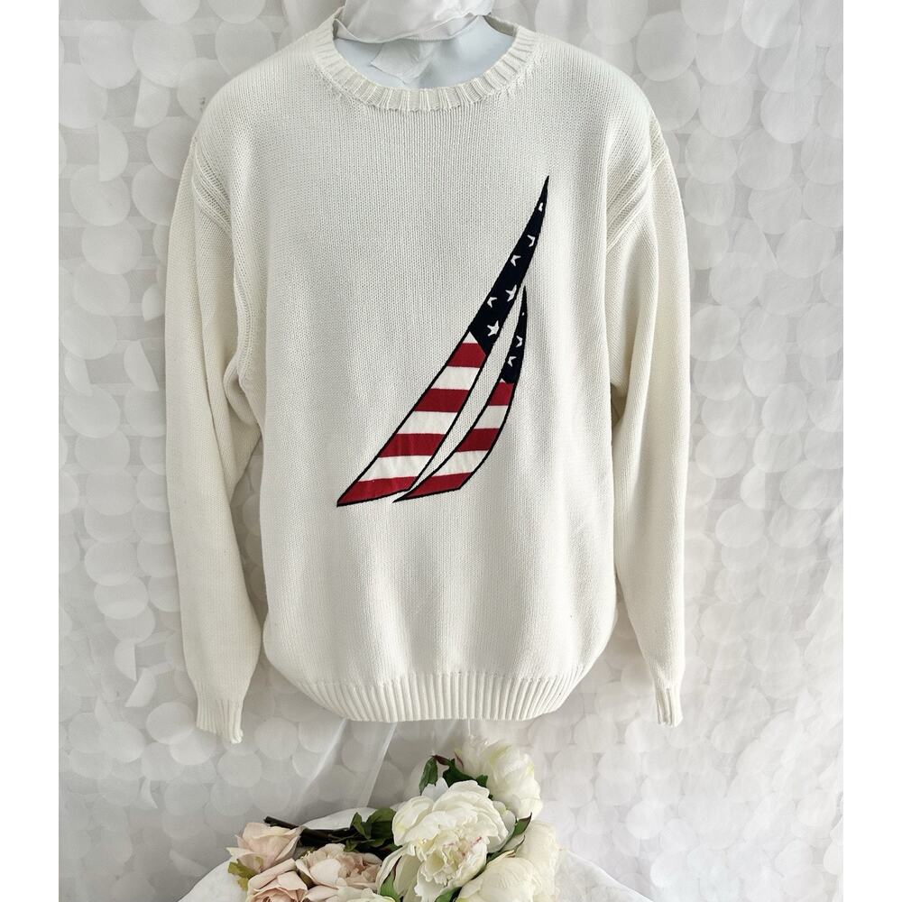 VTG Y2K Nautica Mens Large White Knit Sweater Sailing Nautical Preppy Golf